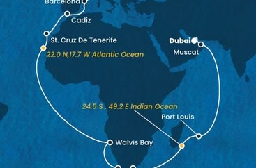 Francie, Španělsko, Namibie, Jihoafrická republika, , Mauricius, Omán, Spojené arabské emiráty z Marseille na lodi Costa Smeralda