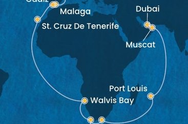 Francie, Španělsko, Namibie, Jihoafrická republika, Mauricius, Omán, Spojené arabské emiráty z Marseille na lodi Costa Toscana