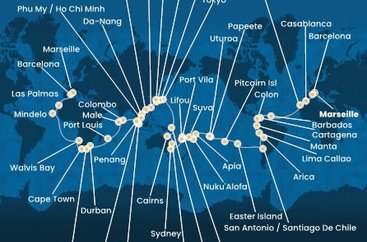 Francie, Španělsko, Maroko, Barbados, Kolumbie, Panama, Ekvádor, Peru, Chile, Zámořské území Velké Británie, Francouzská Polynésie, Zámořské společenství Francie, Samoa, Tonga, Fidži, Vanuatská republika, Nová Kaledonie, Austrálie, Papua Nová Guinea, Japonsko, Jižní Korea, Tchaj-wan, Čína, Vietnam, Singapur, Malajsie, Srí Lanka, Maledivy, Mauricius, Jihoafrická republika, Namibie, Kapverdy z Marseille na lodi Costa Deliziosa