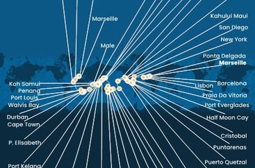 Francie, Španělsko, Portugalsko, USA, , Panama, Kostarika, Guatemala, Mexiko, Francouzská Polynésie, Fidži, Nová Kaledonie, Austrálie, Papua Nová Guinea, Japonsko, Jižní Korea, Tchaj-wan, Čína, Vietnam, Thajsko, Singapur, Malajsie, Srí Lanka, Maledivy, Mauricius, Jihoafrická republika, Namibie, Kapverdy z Marseille na lodi Costa Deliziosa