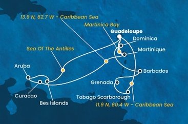 Guadeloupe, , Bonaire, Aruba, Curacao, Martinik, Trinidad a Tobago, Grenada, Barbados, Dominika z Pointe-à-Pitre, Guadeloupe na lodi Costa Fortuna