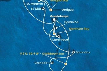 Guadeloupe, Britské Panenské ostrovy, , Antigua a Barbuda, Svatý Martin, Svatý Kryštof a Nevis, Martinik, Trinidad a Tobago, Grenada, Barbados, Dominika z Pointe-à-Pitre, Guadeloupe na lodi Costa Fortuna