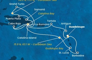 Guadeloupe, , Antigua a Barbuda, Britské Panenské ostrovy, Dominikánská republika, Zámořské území Velké Británie, Svatá Lucie, Barbados z Pointe-à-Pitre, Guadeloupe na lodi Costa Fascinosa