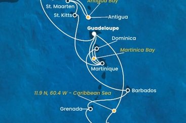 Guadeloupe, Britské Panenské ostrovy, , Antigua a Barbuda, Svatý Martin, Svatý Kryštof a Nevis, Martinik, Zámořské společenství Francie, Trinidad a Tobago, Grenada, Barbados, Dominika z Pointe-à-Pitre, Guadeloupe na lodi Costa Fortuna