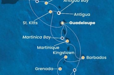 Guadeloupe, Britské Panenské ostrovy, , Svatý Martin, Antigua a Barbuda, Svatý Kryštof a Nevis, Martinik, Zámořské společenství Francie, Trinidad a Tobago, Grenada, Svatý Vincenc a Grenadiny, Barbados z Pointe-à-Pitre, Guadeloupe na lodi Costa Fortuna