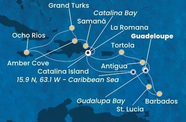 Guadeloupe, Zámořské společenství Francie, Antigua a Barbuda, Britské Panenské ostrovy, Dominikánská republika, Jamajka, Zámořské území Velké Británie, Svatá Lucie, Barbados z Pointe-à-Pitre, Guadeloupe na lodi Costa Fascinosa