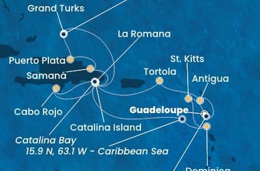 Guadeloupe, Zámořské společenství Francie, Antigua a Barbuda, Britské Panenské ostrovy, Dominikánská republika, Zámořské území Velké Británie, Dominika, Svatý Kryštof a Nevis z Pointe-à-Pitre, Guadeloupe na lodi Costa Fascinosa