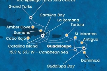 Guadeloupe, Zámořské společenství Francie, Antigua a Barbuda, Britské Panenské ostrovy, Dominikánská republika, Zámořské území Velké Británie, Svatý Martin, Dominika z Pointe-à-Pitre, Guadeloupe na lodi Costa Fascinosa