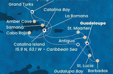 Guadeloupe, Zámořské společenství Francie, Antigua a Barbuda, Svatý Martin, Dominikánská republika, Zámořské území Velké Británie, Svatá Lucie, Barbados z Pointe-à-Pitre, Guadeloupe na lodi Costa Fascinosa