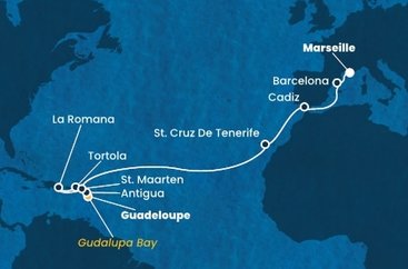 Guadeloupe, Zámořské společenství Francie, Antigua a Barbuda, Britské Panenské ostrovy, Dominikánská republika, Svatý Martin, Španělsko, Francie z Pointe-à-Pitre, Guadeloupe na lodi Costa Fascinosa