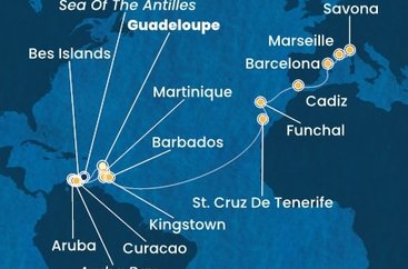 Guadeloupe, Bonaire, Zámořské společenství Francie, Aruba, Autonomní státy Nizozemska, Curacao, Martinik, Svatý Vincenc a Grenadiny, Barbados, Španělsko, Portugalsko, Francie, Itálie z Pointe-à-Pitre, Guadeloupe na lodi Costa Fortuna