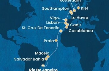 Brazílie, Kapverdy, Španělsko, Maroko, Portugalsko, Francie, Velká Británie, Nizozemsko, Německo z Rio de Janeira na lodi Costa Diadema