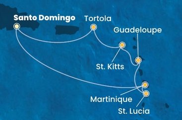 Dominikánská republika, Martinik, Svatá Lucie, Guadeloupe, Svatý Kryštof a Nevis, Britské Panenské ostrovy ze Santo Dominga na lodi Costa Fascinosa