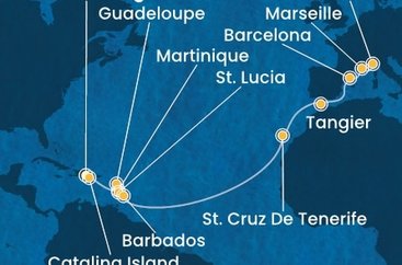 Dominikánská republika, Martinik, Guadeloupe, Svatá Lucie, Barbados, Španělsko, Maroko, Francie, Itálie ze Santo Dominga na lodi Costa Fascinosa