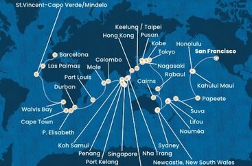 USA, Francouzská Polynésie, Fidži, Nová Kaledonie, Austrálie, Papua Nová Guinea, Japonsko, Jižní Korea, Tchaj-wan, Čína, Vietnam, Thajsko, Singapur, Malajsie, Srí Lanka, Maledivy, Mauricius, Jihoafrická republika, Namibie, Kapverdy, Španělsko ze San Francisca na lodi Costa Deliziosa