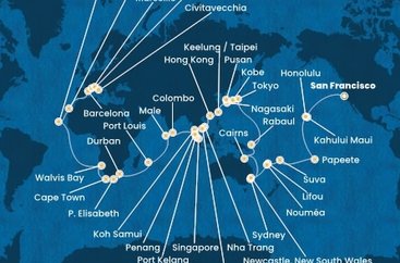 USA, Francouzská Polynésie, Fidži, Nová Kaledonie, Austrálie, , Papua Nová Guinea, Japonsko, Jižní Korea, Tchaj-wan, Čína, Vietnam, Thajsko, Singapur, Malajsie, Srí Lanka, Maledivy, Mauricius, Jihoafrická republika, Namibie, Kapverdy, Španělsko, Francie, Itálie ze San Francisca na lodi Costa Deliziosa