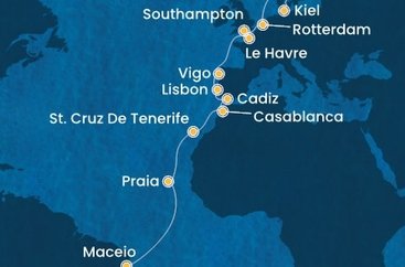 Brazílie, Kapverdy, Španělsko, Maroko, Portugalsko, Francie, Velká Británie, Nizozemsko, Německo ze Salvadoru na lodi Costa Diadema