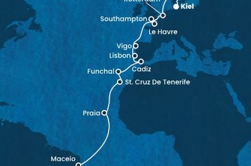 Brazílie, Kapverdy, Španělsko, Portugalsko, Francie, Velká Británie, Nizozemsko, Německo ze Salvadoru na lodi Costa Diadema