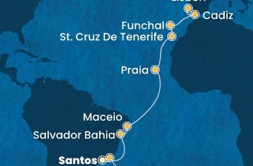 Brazílie, Kapverdy, Španělsko, Portugalsko ze Santosu na lodi Costa Diadema