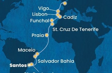 Brazílie, Kapverdy, Španělsko, Portugalsko, Francie ze Santosu na lodi Costa Diadema