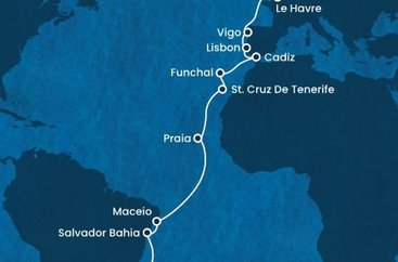 Brazílie, Kapverdy, Španělsko, Portugalsko, Francie, Velká Británie ze Santosu na lodi Costa Diadema