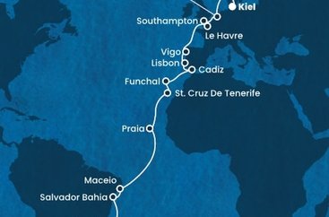 Brazílie, Kapverdy, Španělsko, Portugalsko, Francie, Velká Británie, Nizozemsko, Německo ze Santosu na lodi Costa Diadema