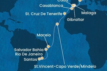 Itálie, Španělsko, Velká Británie, Maroko, Kapverdy, Brazílie ze Savony na lodi Costa Diadema