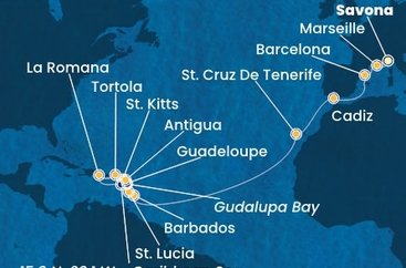 Itálie, Francie, Španělsko, Barbados, Guadeloupe, Svatý Kryštof a Nevis, Britské Panenské ostrovy, Dominikánská republika, Svatá Lucie, Zámořské společenství Francie, Antigua a Barbuda ze Savony na lodi Costa Fascinosa