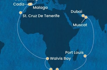 Itálie, Francie, Španělsko, Namibie, Jihoafrická republika, Mauricius, Omán, Spojené arabské emiráty ze Savony na lodi Costa Toscana