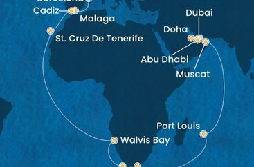 Itálie, Francie, Španělsko, Namibie, Jihoafrická republika, Mauricius, Omán, Spojené arabské emiráty, Katar ze Savony na lodi Costa Toscana