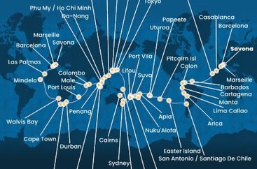 Itálie, Francie, Španělsko, Maroko, Barbados, Kolumbie, Panama, Ekvádor, Peru, Chile, Zámořské území Velké Británie, Francouzská Polynésie, Zámořské společenství Francie, Samoa, Tonga, Fidži, Vanuatská republika, Nová Kaledonie, Austrálie, Papua Nová Guinea, Japonsko, Jižní Korea, Tchaj-wan, Čína, Vietnam, Singapur, Malajsie, Srí Lanka, Maledivy, Mauricius, Jihoafrická republika, Namibie, Kapverdy ze Savony na lodi Costa Deliziosa