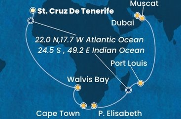 Španělsko, Namibie, Jihoafrická republika, , Mauricius, Omán, Spojené arabské emiráty z Tenerife na lodi Costa Smeralda