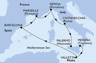 Itálie, Malta, Španělsko, Francie z Messiny na lodi MSC World Europa