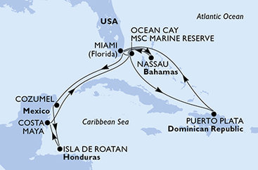 USA, Bahamy, Dominikánská republika, Mexiko, Honduras z Miami na lodi MSC Seaside