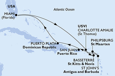 USA, Svatý Kryštof a Nevis, Svatý Martin, Antigua a Barbuda, Dominikánská republika z Miami na lodi MSC Divina