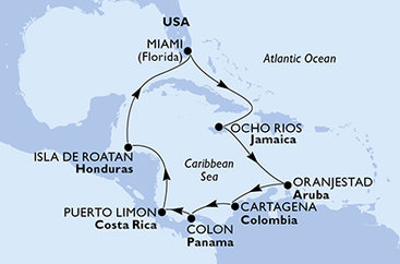 USA, Jamajka, Aruba, Kolumbie, Panama, Kostarika, Honduras z Miami na lodi MSC Divina