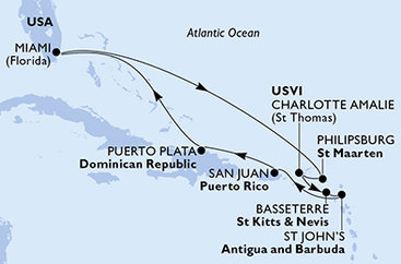 USA, Svatý Martin, Svatý Kryštof a Nevis, Antigua a Barbuda, Dominikánská republika z Miami na lodi MSC Divina