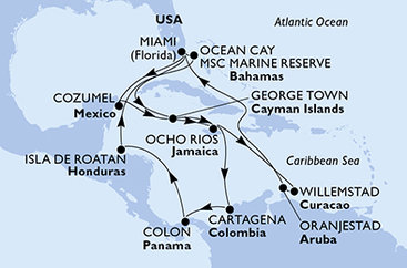 USA, Kajmanské ostrovy, Jamajka, Kolumbie, Panama, Honduras, Bahamy, Mexiko, Curacao, Aruba z Miami na lodi MSC Divina