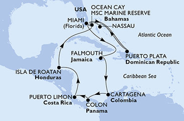 USA, Dominikánská republika, Bahamy, Jamajka, Kolumbie, Panama, Kostarika, Honduras z Miami na lodi MSC Divina