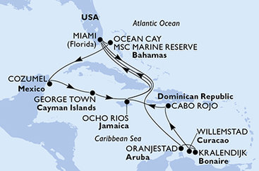 USA, Aruba, Bonaire, Curacao, Dominikánská republika, Jamajka, Bahamy, Mexiko, Kajmanské ostrovy z Miami na lodi MSC Divina