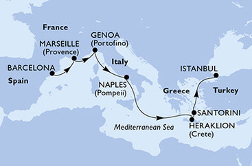 Španělsko, Francie, Itálie, Řecko, Turecko z Barcelony na lodi MSC Fantasia