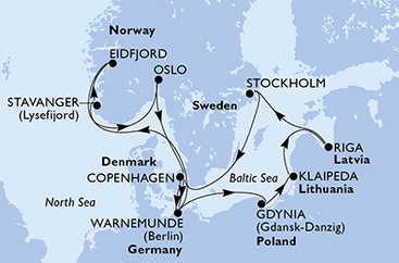 Německo, Norsko, Dánsko, Polsko, Litva, Lotyšsko, Švédsko z Warnemünde na lodi MSC Poesia