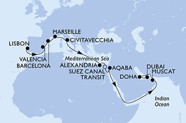 Portugalsko, Španělsko, Francie, Itálie, Egypt, Jordánsko, Omán, Katar, Spojené arabské emiráty z Lisabonu na lodi MSC Euribia