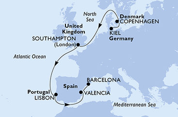 Německo, Dánsko, Velká Británie, Portugalsko, Španělsko z Kielu na lodi MSC Euribia