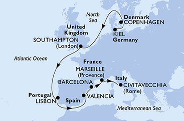 Německo, Dánsko, Velká Británie, Portugalsko, Španělsko, Francie, Itálie z Kielu na lodi MSC Euribia