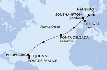 Německo, Velká Británie, Francie, Portugalsko, Svatý Martin, Antigua a Barbuda, Martinik z Hamburku na lodi MSC Virtuosa