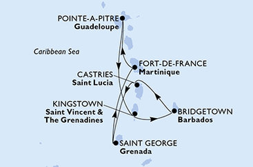 Martinik, Guadeloupe, Svatý Vincenc a Grenadiny, Barbados, Svatá Lucie, Grenada z Fort-de-France, Martinik na lodi MSC Virtuosa