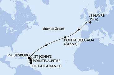 Francie, Portugalsko, Svatý Martin, Antigua a Barbuda, Martinik, Guadeloupe z Le Havru na lodi MSC Virtuosa