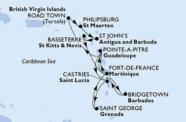 Barbados, Svatá Lucie, Grenada, Martinik, Guadeloupe, Britské Panenské ostrovy, Svatý Martin, Antigua a Barbuda, Svatý Kryštof a Nevis z Bridgetownu na lodi MSC Virtuosa