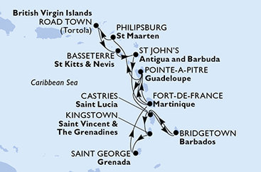 Barbados, Svatá Lucie, Svatý Vincenc a Grenadiny, Grenada, Martinik, Guadeloupe, Svatý Martin, Britské Panenské ostrovy, Svatý Kryštof a Nevis, Antigua a Barbuda z Bridgetownu na lodi MSC Virtuosa